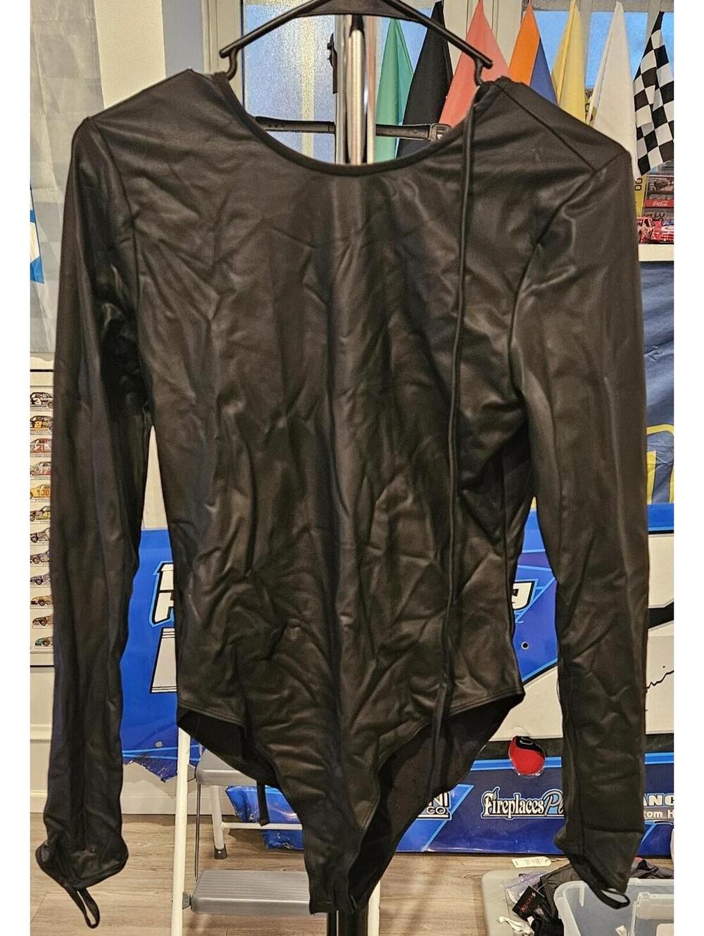 Disturbia Confidential Scoop Back Bodysuit Faux Leather Black UK12